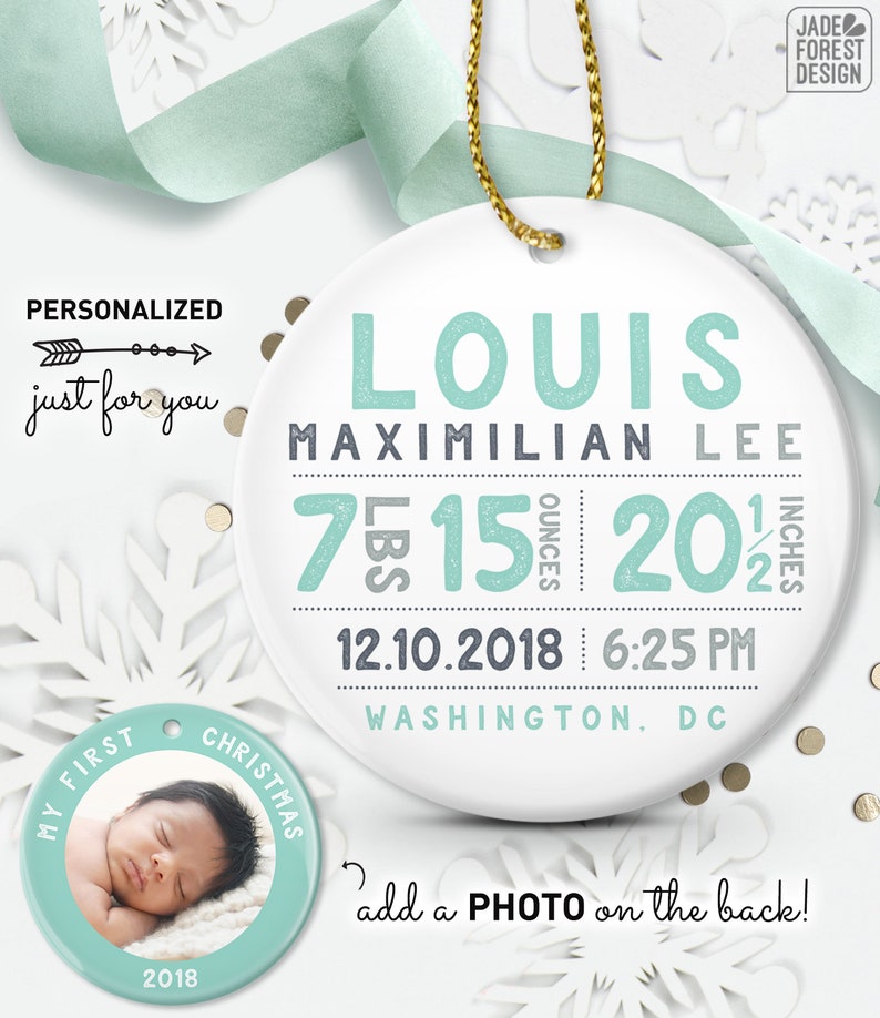 Personalized Baby Ornament, Baby First Christmas Photo Ornament, Baby Boy Birth Stats, Personalized Gift for New Parents image 8