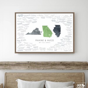Wedding Guest Book Three State Map in Grey, Green and Charcoal Watercolor, Custom Canvas