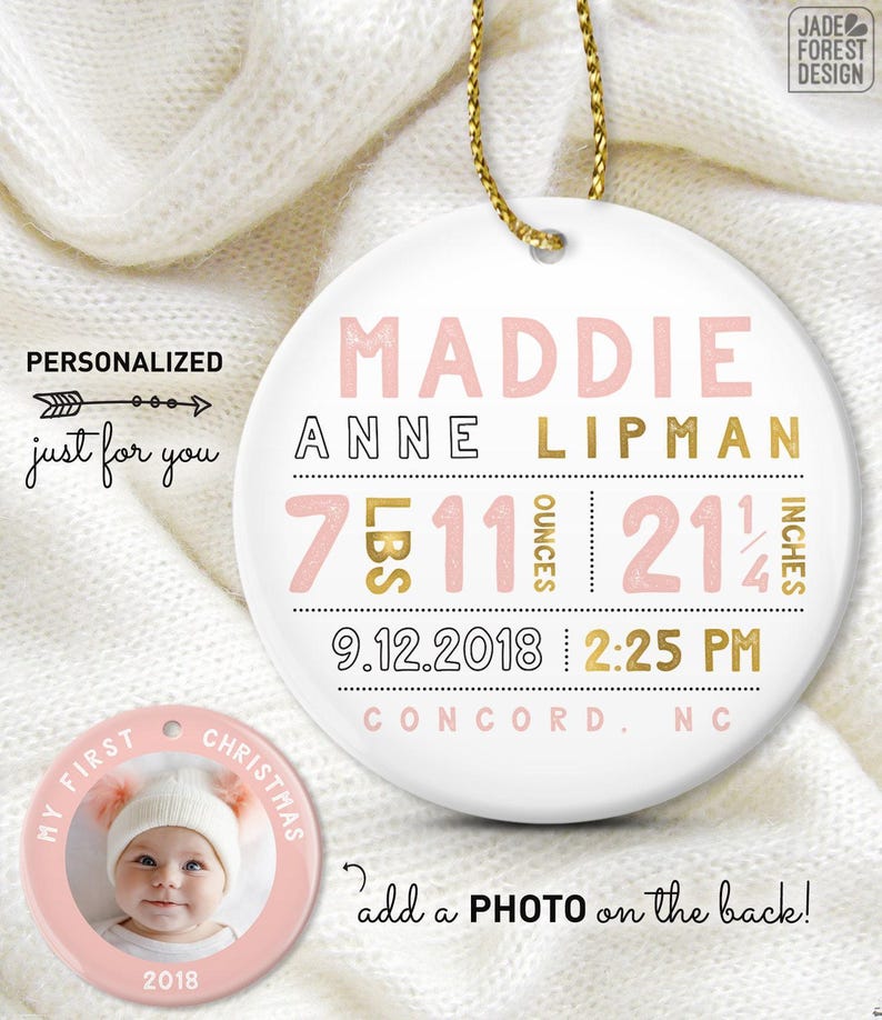 Personalized Baby Girl Ornament - Coral and Gold First Christmas image 2