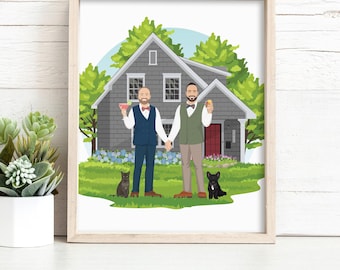 Custom Couple Portrait Drawing - Lively Cartoon Style with Pets