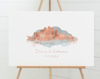 wedding GUEST BOOK Alternative, Denver Colorado skyline guestbook, rose gold and gray watercolor, wedding guest book for guests to sign