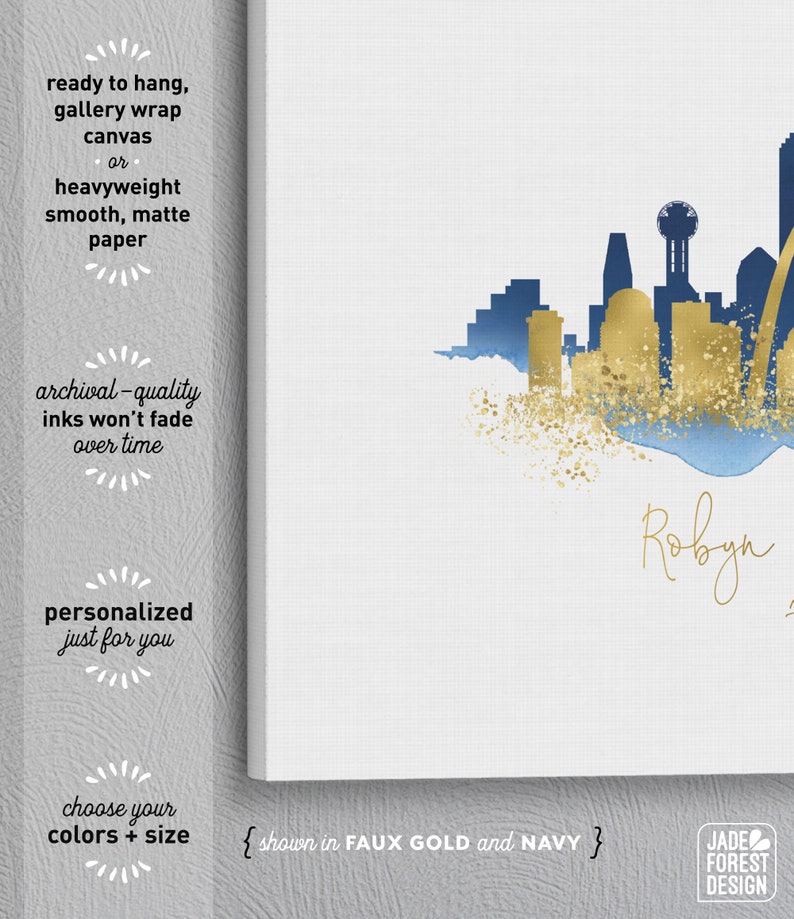 Wedding Guest Book Alternative Sign St Louis & Dallas skyline guestbook Navy watercolor and faux metallic gold Canvas sign for wedding image 2