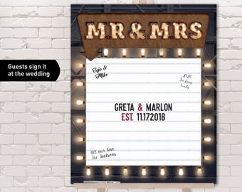 Vintage Guest Book Alternative, Vintage Cinema Marquee, Personalized Wedding Sign Canvas Guestbook or Printable