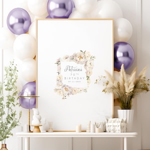Custom 70th Birthday Party Guest Book, Seventieth Birthday Party Canvas to Sign, White Peony Square Guestbook, Gift for Her 70th Birthday