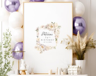 Custom 70th Birthday Party Guest Book, Seventieth Birthday Party Canvas to Sign, White Peony Square Guestbook, Gift for Her 70th Birthday
