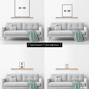 May include: Four framed art prints of varying sizes (24x30, 16x20, 8x10, and 5x7 inches) are displayed above a gray loveseat with a teal throw blanket. The text "{5 foot loveseat & 3 foot shelf shown}" is displayed in the image. The Jade Forest Design logo is in the bottom right corner.