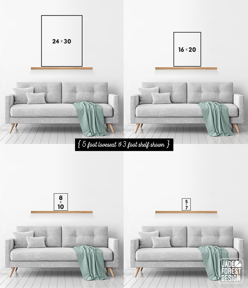 May include: Four framed art prints of varying sizes (24x30, 16x20, 8x10, and 5x7 inches) are displayed above a gray loveseat with a teal throw blanket. The text "{5 foot loveseat & 3 foot shelf shown}" is displayed in the image. The Jade Forest Design logo is in the bottom right corner.
