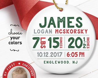 My First Christmas Ornament, Personalized Baby Boy Gift, Birth Stats Ornament with Photo, Under 50 Gift for Grandparents