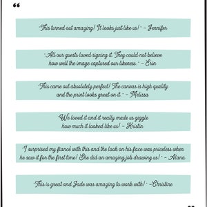 May include: A white background with a black border contains six light blue rectangular text boxes. Each box features a quote from a customer, praising the product and the artist's work. The quotes are in a handwritten style font.