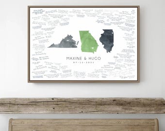 Two State Canvas, Wedding Guest Book, Book Alternative Art, Personalized Watercolor Map, Custom Guestbook Canvas, Sage Green Gray Print