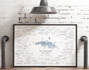 Custom Love Map Guest Book, SAINT THOMAS Dusty Blue Watercolor Personalizable Heart Design Multiple Sizes Print Options Available, Guestbook