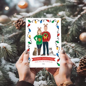 Portrait Christmas, Custom Portrait, Holiday Card Idea, Hand Crafted Couple Cartoon, Personalized Cat Illustration, Festive Xmas Greeting
