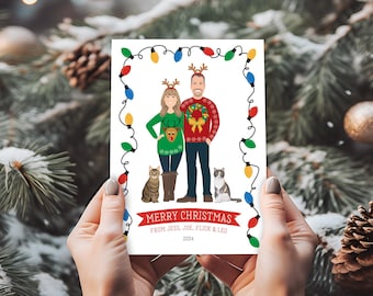 Portrait Christmas, Custom Portrait, Holiday Card Idea, Hand Crafted Couple Cartoon, Personalized Cat Illustration, Festive Xmas Greeting