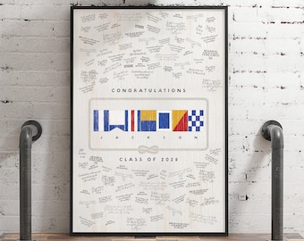Graduation Guest Book Alternative, Custom Keepsake Sign, Personalized Nautical Flags Guestbook Canvas, Coastal Graduation Party Gift