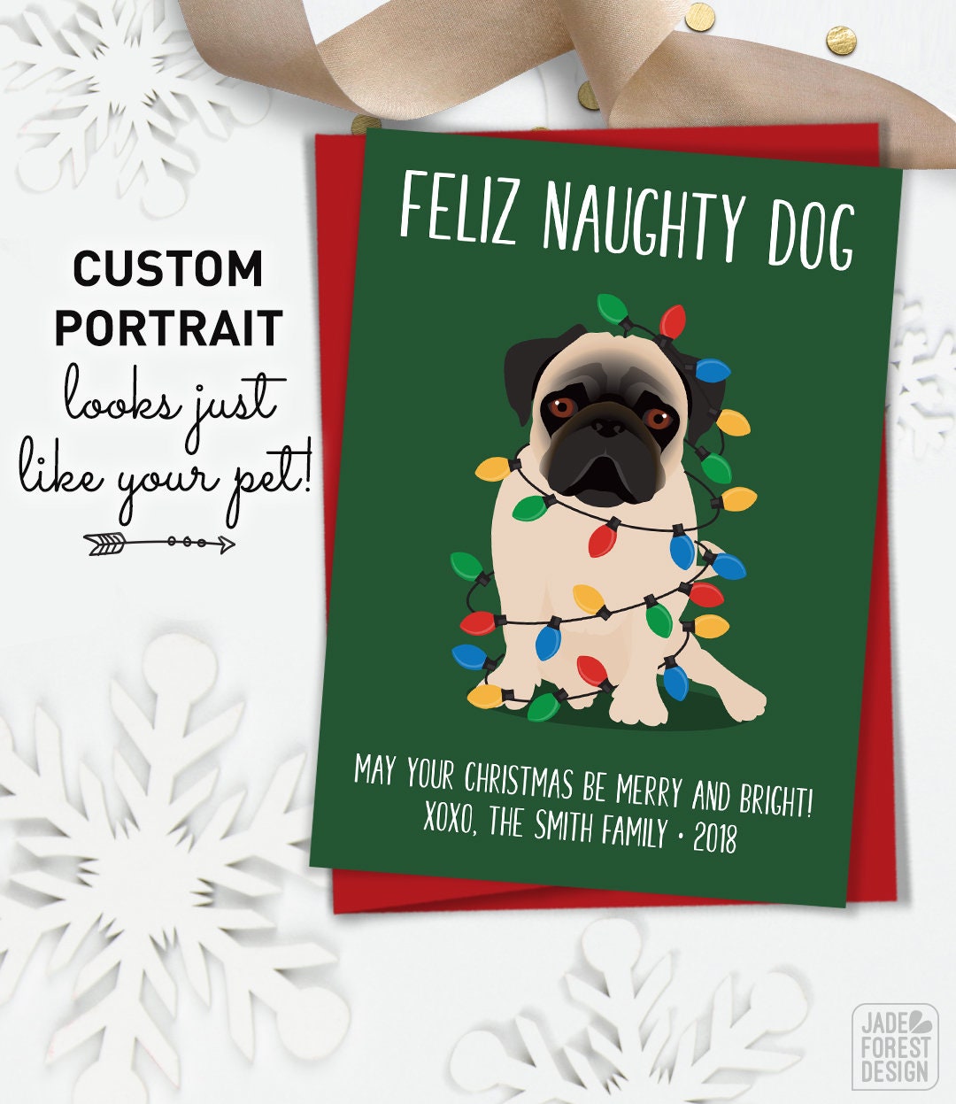 Pug Christmas Card: Personalized Pet Portrait - Funny Holiday Design - Etsy