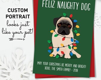 Funny Christmas Card, Pug Christmas Cards with Custom Pet Portrait, Funny Dog Holiday Card for Pug Parents