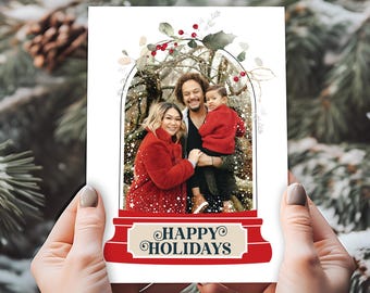 Biglietto di auguri personalizzato per le feste di famiglia, biglietto fotografico di Natale minimalista, biglietto di auguri con globo di neve, biglietto di auguri con ritratto di famiglia, stampato o digitale