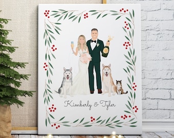 Personalized Newlywed Couple Portrait with Pets, Custom Drawing from Photo, Fun Christmas or Anniversary Gift for Wife