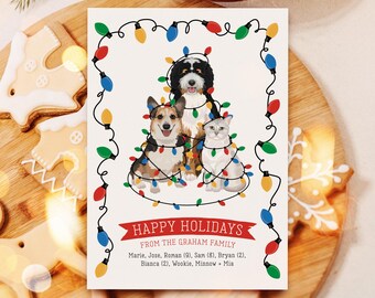 Funny Pet Holiday Card, Custom Pet Portrait from Photo, Pets Tangled in Christmas Lights, Holiday Card for Pet Lover, Happy Holidays Card