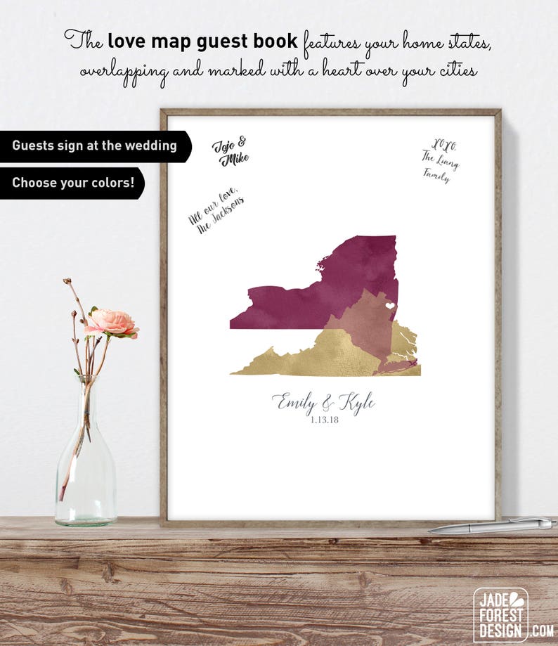 Watercolor Wedding Guest Book Alternative / Love Map: California & South Carolina States Map / Blue and Blush Pink Map Canvas moa image 3