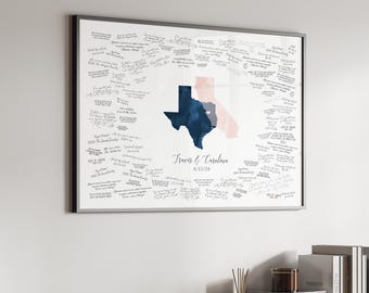Wedding Guest Book Alternative, Custom Love Map Guest Book, Texas California Overlap, Navy Blush Colors Personalized Art for Wedding