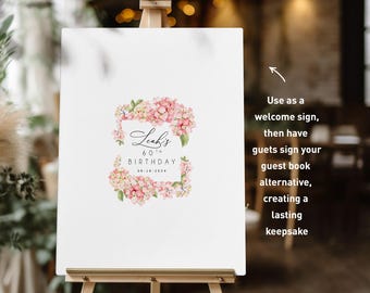 Custom 60th Birthday Party Guest Book, Sixtieth Birthday Party Canvas to Sign, Pink Hydrangea Guestbook, 60th Birthday Party Gift Idea