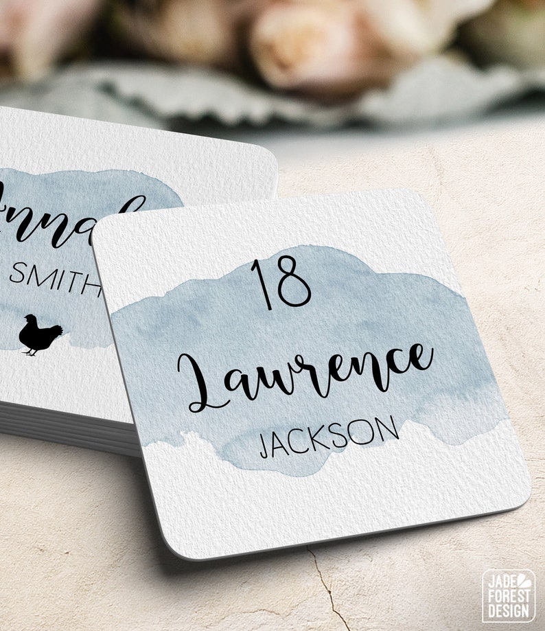 Blue Watercolor Custom Wedding Coasters for Reception Seating Dusty Blue Place Cards Calligraphy Escort Cards Extra Thick Drink Coaster