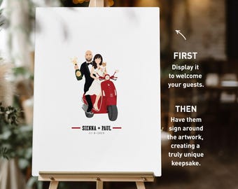Wedding Guest Book Alternative Canvas, Vintage Red Vespa Drawing, Personalized Retro Couple Portrait Sign, Custom Couple on Moped