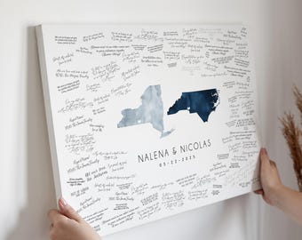 Any State Map Guest Book, Unique Watercolor Art for Weddings and Events, New York and North Carolina Wedding, Navy and Dusty Blue