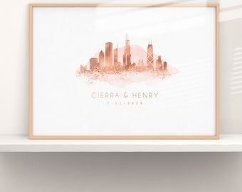 Custom Wedding Guest Book Alternative, Chicago Skyline Wall Art, Illinois Canvas Guestbook Gift, Faux Rose Gold and Blush Pink Watercolor