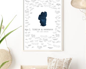 Wedding Guestbook Alternative: Lake Tahoe Map - Navy Blue Watercolor