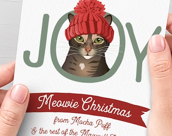 Tabby Cat Christmas Card > Funny Christmas Cards with Cute Cat in Hat Portrait, Custom Pet Portrait Xmas Card for Cat Lover