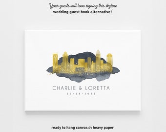 Wedding Guest Book Alternative Canvas > Charlotte skyline print for North Carolina wedding, Charcoal gray watercolor & faux gold sign