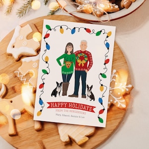Portrait Card, Custom Christmas, Fun Cards, Personalized Xmas Greeting, Cartoon Couple with Dogs, Campy Holiday Design