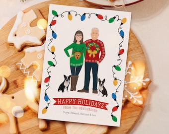Portrait Card, Custom Christmas, Fun Cards, Personalized Xmas Greeting, Cartoon Couple with Dogs, Campy Holiday Design