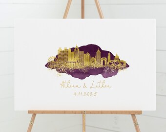 Wedding Guest Book Alternative • Atlanta Skyline Wall Art • Georgia Canvas Guestbook Gift • Faux Metallic Gold and Royal Purple Watercolor