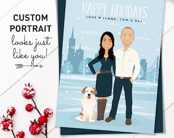 Portrait Holiday Card, Custom Cartoon Illustration Christmas Cards, Custom Family Portrait