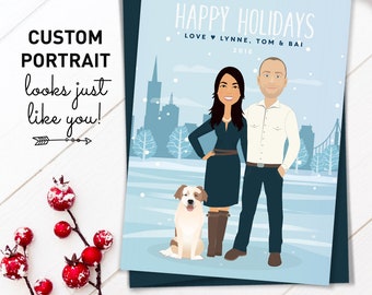 Portrait Holiday Card, Custom Cartoon Illustration Christmas Cards, Custom Family Portrait