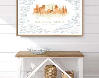 Baltimore Skyline Guestbook Alternative - Copper Finish, Natural Wood Frame
