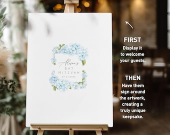 Bat Mitzvah Guestbook Frame, Blue Hydrangea Floral (Custom Canvas)
