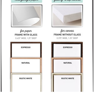May include: Image showcasing options for artwork presentation. It features heavyweight paper with a frame and glass, and gallery-wrap canvas without glass. Frame options include Espresso, Natural, and Rustic White. The text reads: "ready to hang with the included hardware."