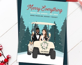 Merry Everything Christmas Wishes, Personalized Holiday Card, Custom Newlywed Couple Portrait in Golf Cart, Unique Golf Greeting Cards