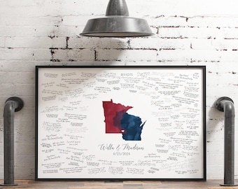 Wedding Guestbook Alternative, Love Map Guestbook, Dark Red and Navy, Wedding Keepsake For Guests to Sign, Minnesota Wisconsin Overlap