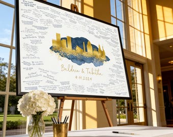 Wedding Guestbook Canvas: Baltimore Skyline - Cobalt Blue, Faux Gold
