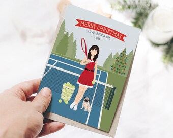 Funny Christmas Card, Custom Portrait, Holiday Portrait, Handdrawn Cartoon Tennis Scene, Personalized Background, Unique Holiday Gift