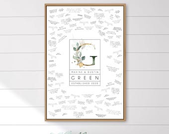 Greenery Wedding Guest Book: Custom Monogram Canvas with Gold Initial