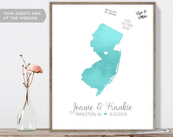 New Jersey Wedding Guest Book: Aqua Watercolor Map with Heart