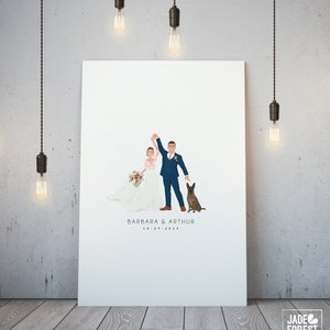custom wedding portrait guest book alternative with dog, personalized wedding cartoon with pets, unique anniversary gift idea, 1st dance art