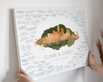 Cleveland Skyline Wedding Guest Book Alternative, Copper on Olive Watercolor, Wedding Guestbook to Sign, Gift for Bride & Groom