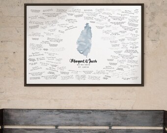 Custom Love Map Guestbook, Personalized Saint Lucia Dusty Blue Watercolor Art with Heart Over Your City, Canvas Paper or Digital Options